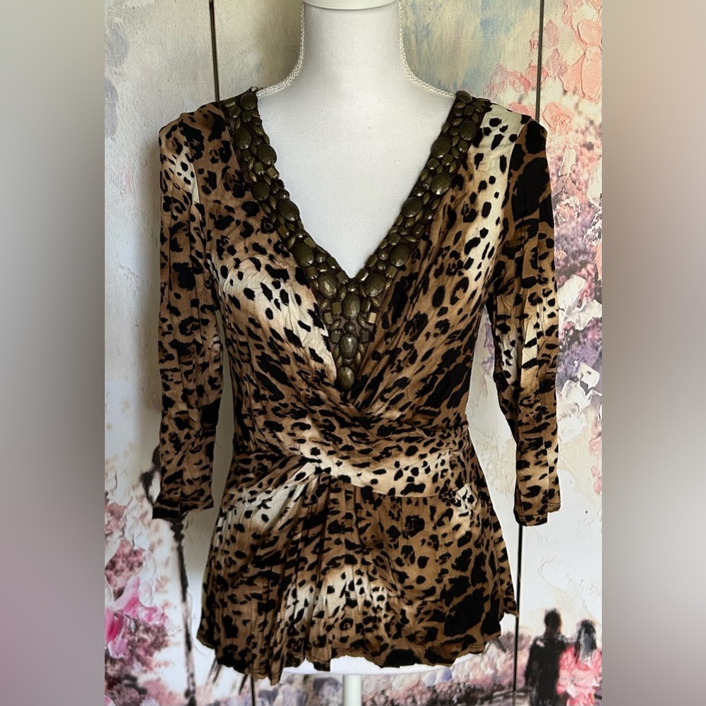 Venus - Leopard Print Beaded V-Neck Top. Size L
